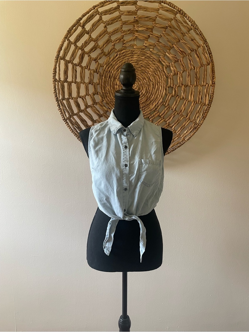 Love Tree Tie-Front Chambray Shirt - Light Blue